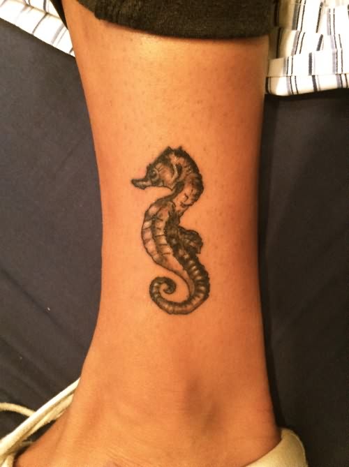 Small Black And Grey Seahorse Tattoo On Ankle