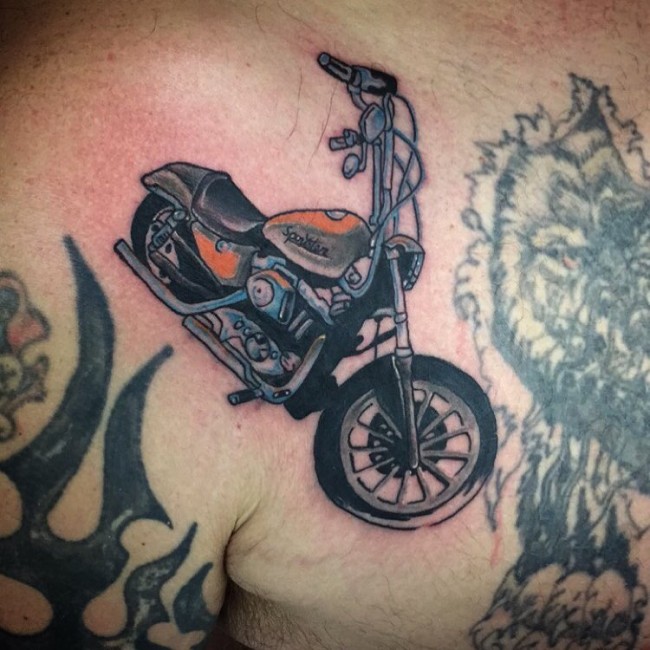 Small Colored Harley Davidson Bike Tattoo On Shoulder