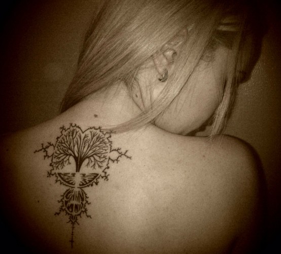 Small Grey Mandelbrot Tree Tattoo On Upper Back For Girls