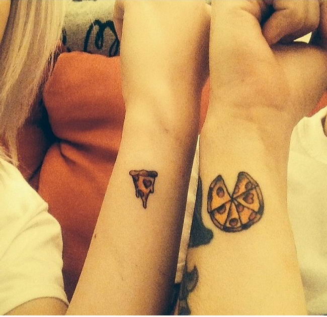Small Pizza And Slice Matching Tattoos On Wrists