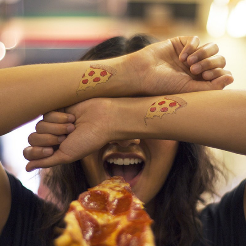 Small Pizza Matching Tattoos On Both Wrists.