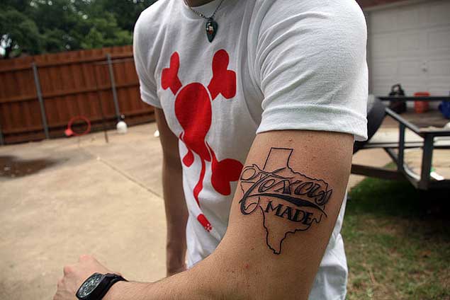 Small Texas Made Map Tattoo On Left Half Sleeve