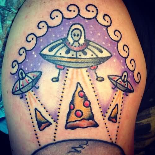 Space Ship And Pizza Tattoo On Shoulder