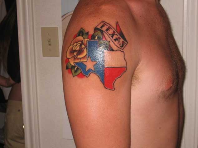 State Of Texas Map With Banner Traditional Tattoo On Right Shoulder
