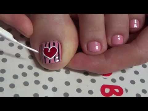 Stripes Toe Nails With Red Heart Nail Art