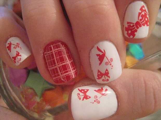 Stylish Red Butterflies Design On White Nails