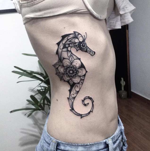 Superb Seahorse Having Mandala Flower On Body Dotwork Tattoo On Side Rib