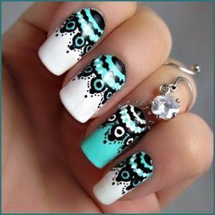 Teal With Black Pattern Design Nail Art