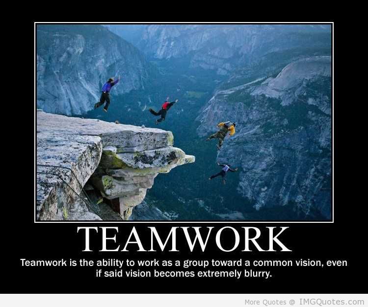 Teamwork is the ability to work as a group toward a common vision, even if said vision becomes extremely blurry.