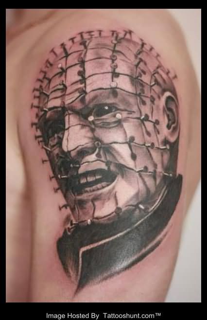 Terrific 3D Pinhead Tattoo On Left Shoulder