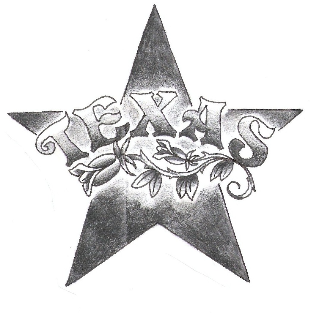 Texas Leaves And Star Black And White Tattoo Stencil