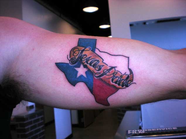Texas Pride Banner With Map Tattoo On Biceps