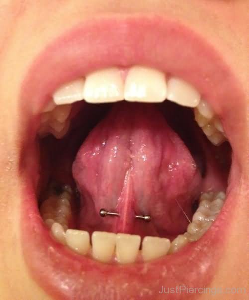Tongue Lingual Frenulum Piercing With Silver Barbell