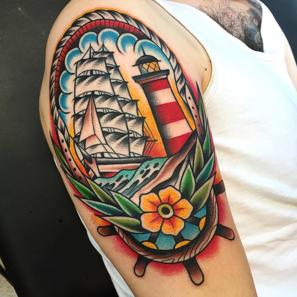 Traditional Flower And Ship Tattoo On Right Half Sleeve by Samuele Briganti