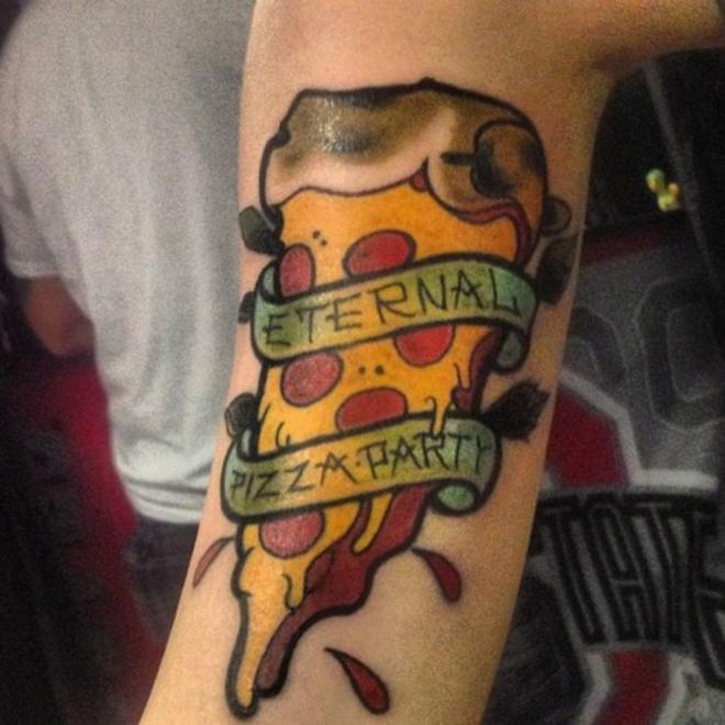 Traditional Pizza Slice With Banner Tattoo On Leg