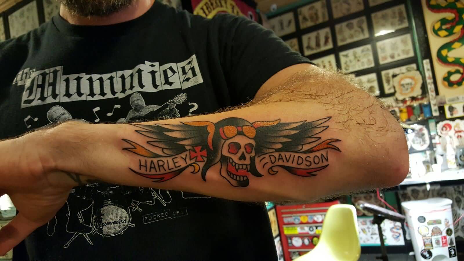 Traditional Winged Biker Skull And Harley Davidson Tattoo On Arm Sleeve