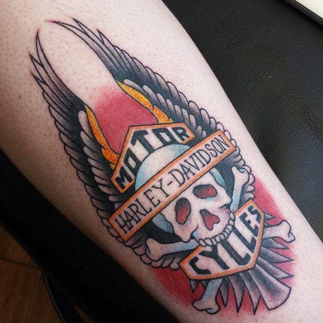 Traditional Winged Harley Davidson Logo With Skull Tattoo