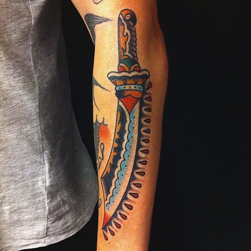 Traditional knife Tattoo On Arm Sleeve
