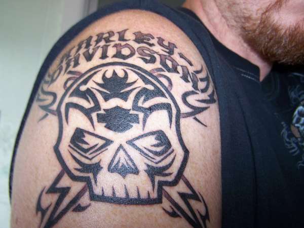 Tribal Harley Davidson Skull Tattoo On Right Shoulder