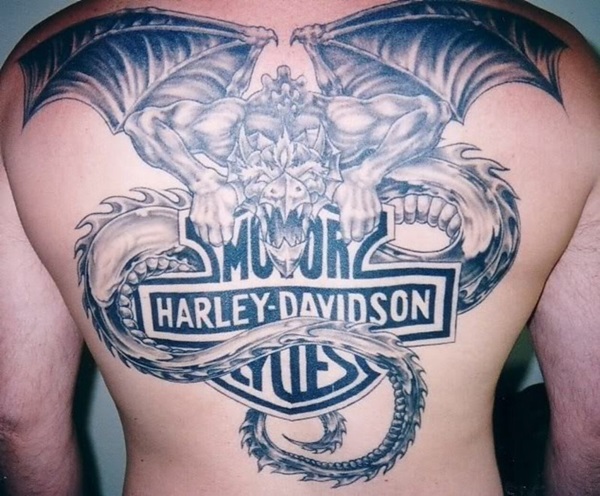 Unique Harley Davidson And Dragon Tattoo On Back
