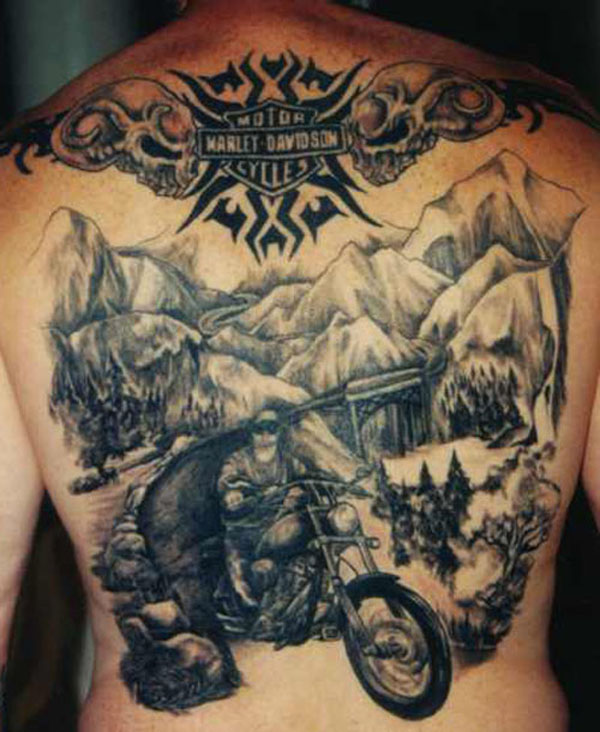Unique Harley Davidson And Mountains Tattoo On Full Back