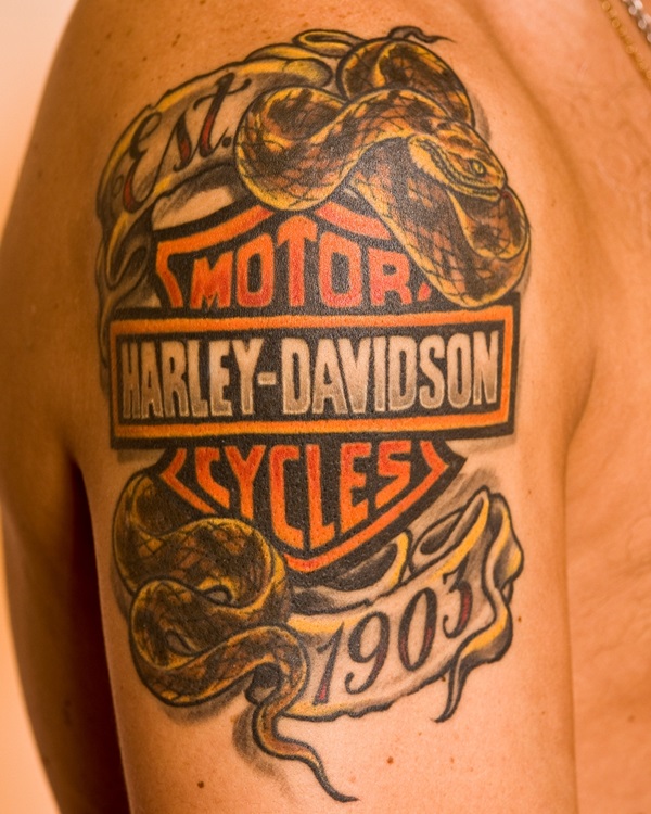 Unique Harley Davidson Tattoo On Right Shoulder