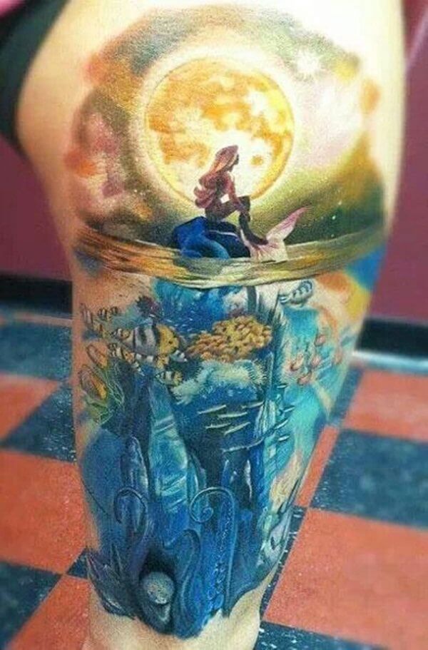 Unique Mermaid Under Water And Sky Tattoo On Half Sleeve