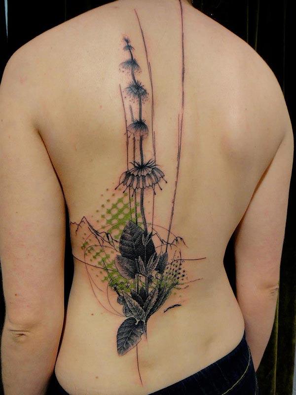 Unique Plant And Mountains Tattoo On Full Back