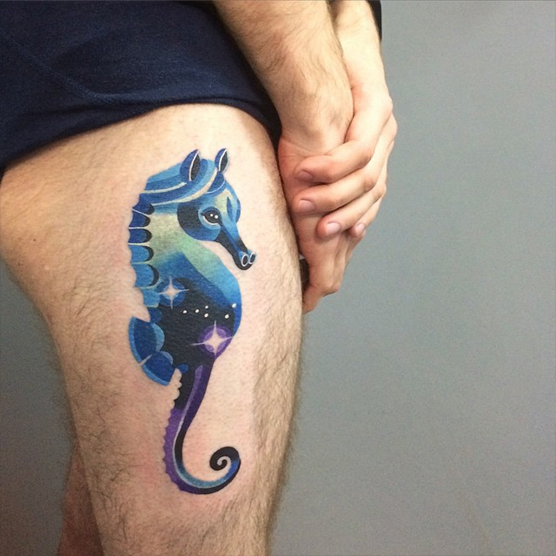 Unique Seahorse Watercolor Tattoo On Thigh