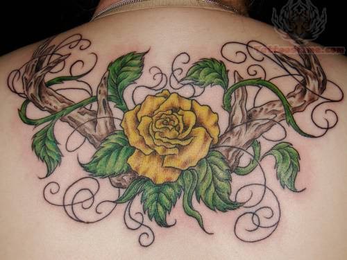 Upper Back Yellow Flower Plant Tattoo