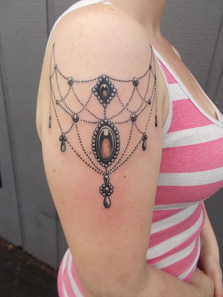 Victorian Chandelier Necklace Tattoo On Right Shoulder