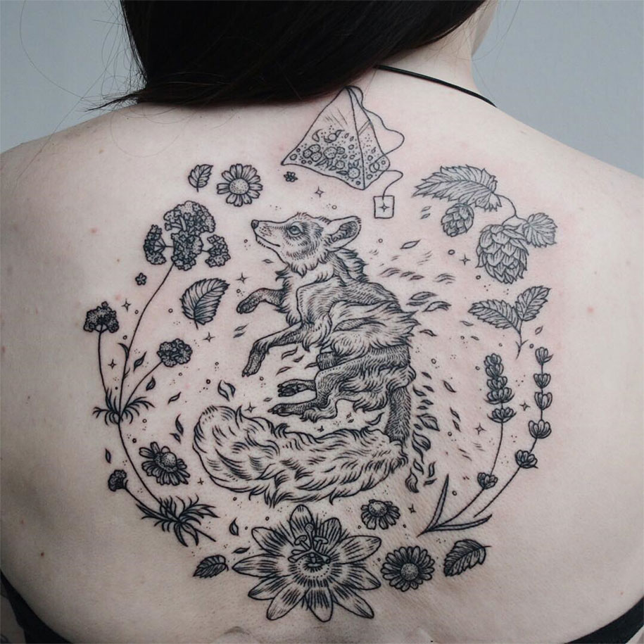 Vintage Naturalistic Animal Plant Tattoo On Upper Back
