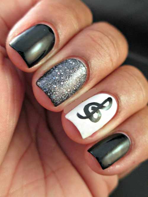 White Accent Nail With Black Music Note Nail Art Design Idea