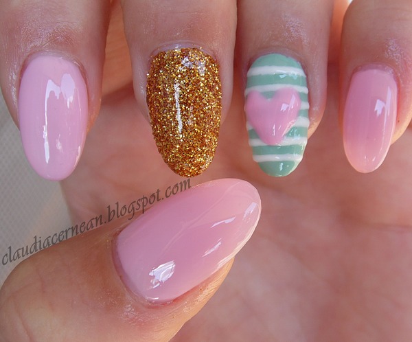 White Acrylic Stripes With Pink Heart Nail Art