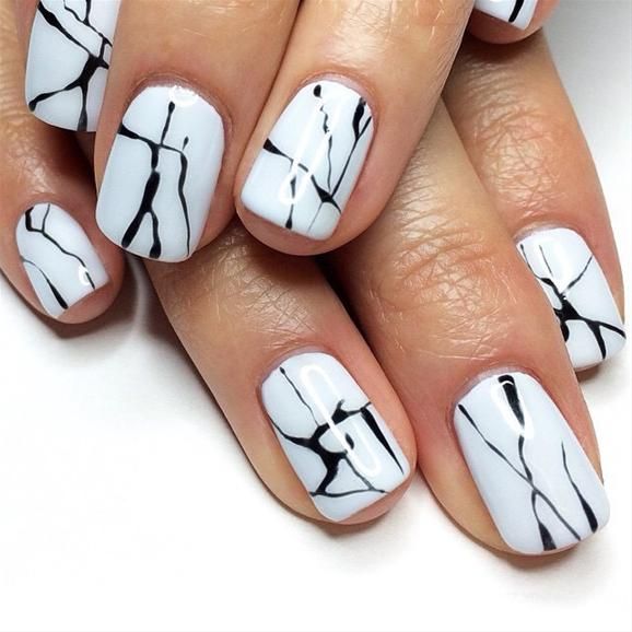 White And Black Water Marble Nail Art Design Idea