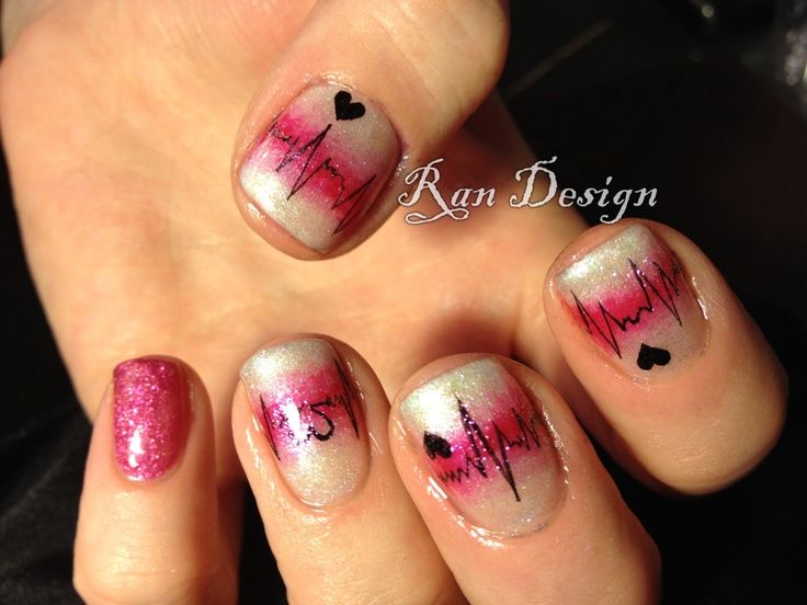 White And Pink Gradient Nails With Heartbeat Nail Art Design Idea