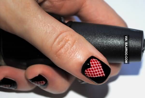 White And Red Check Design Heart Nail Art
