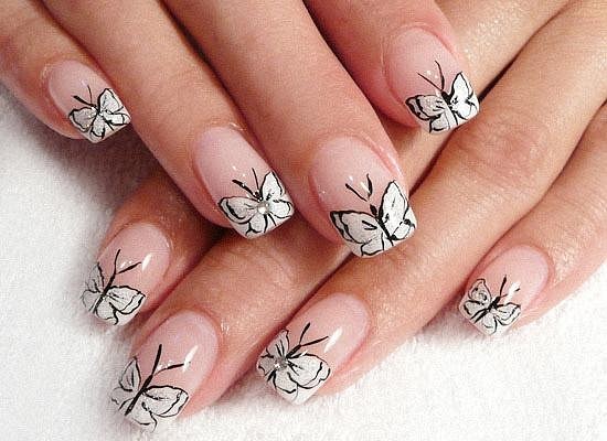 White Butterflies Tip Nail Art Design