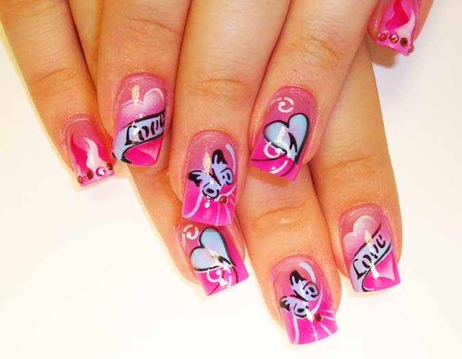 White Butterflies With Heart And Love Text Nail Design Idea