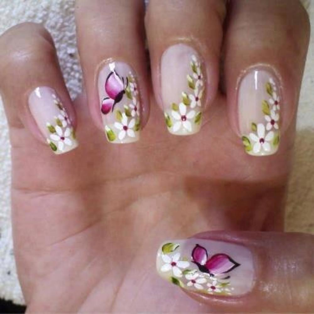 White Flowers And Purple Butterflies Nail Art Design Idea