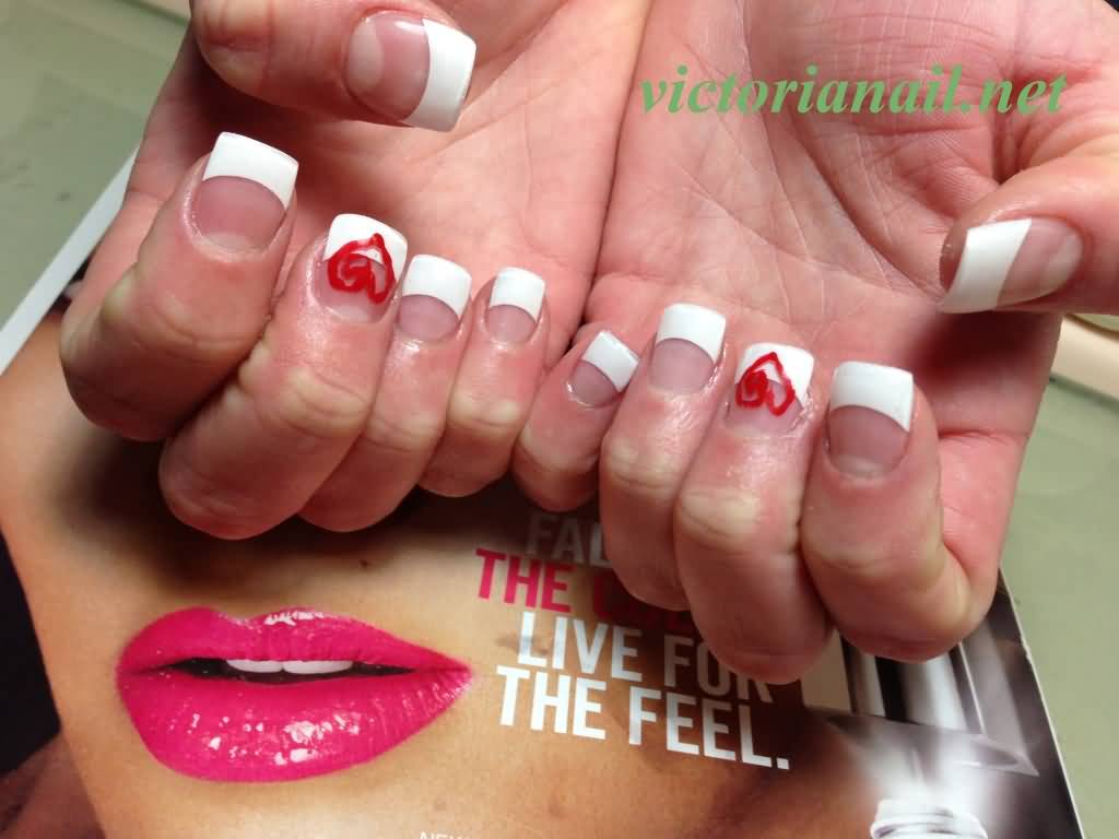 White French Tip And Red Hearts Nail Art