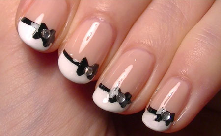 White French Tip Nails With Black Bows And Rhinestones Design Nail Art