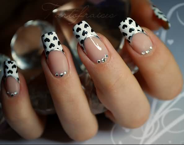 White French Tip Nails With Black Hearts Design Nail Art