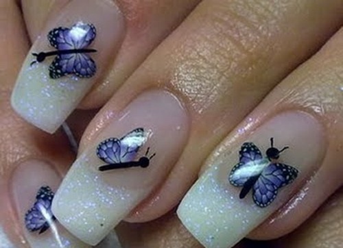 White Gel French Tip With Purple Butterflies Nail Art Idea