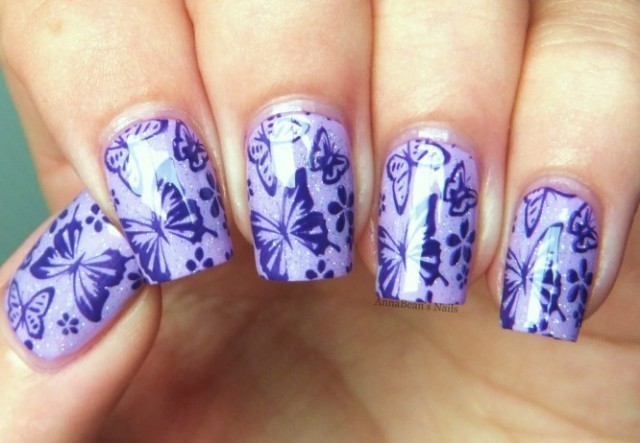 White Gel Nails With Purple Butterflies Nail Art Idea