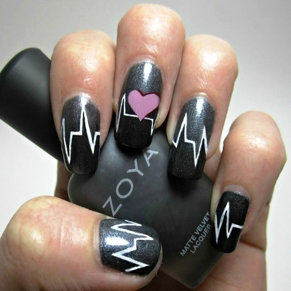 White Heartbeat Nail Art Design With Pink Heart