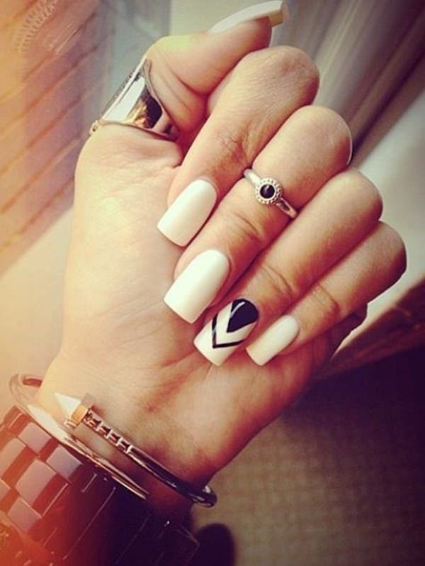 White Nails With Black Chevron Design Idea