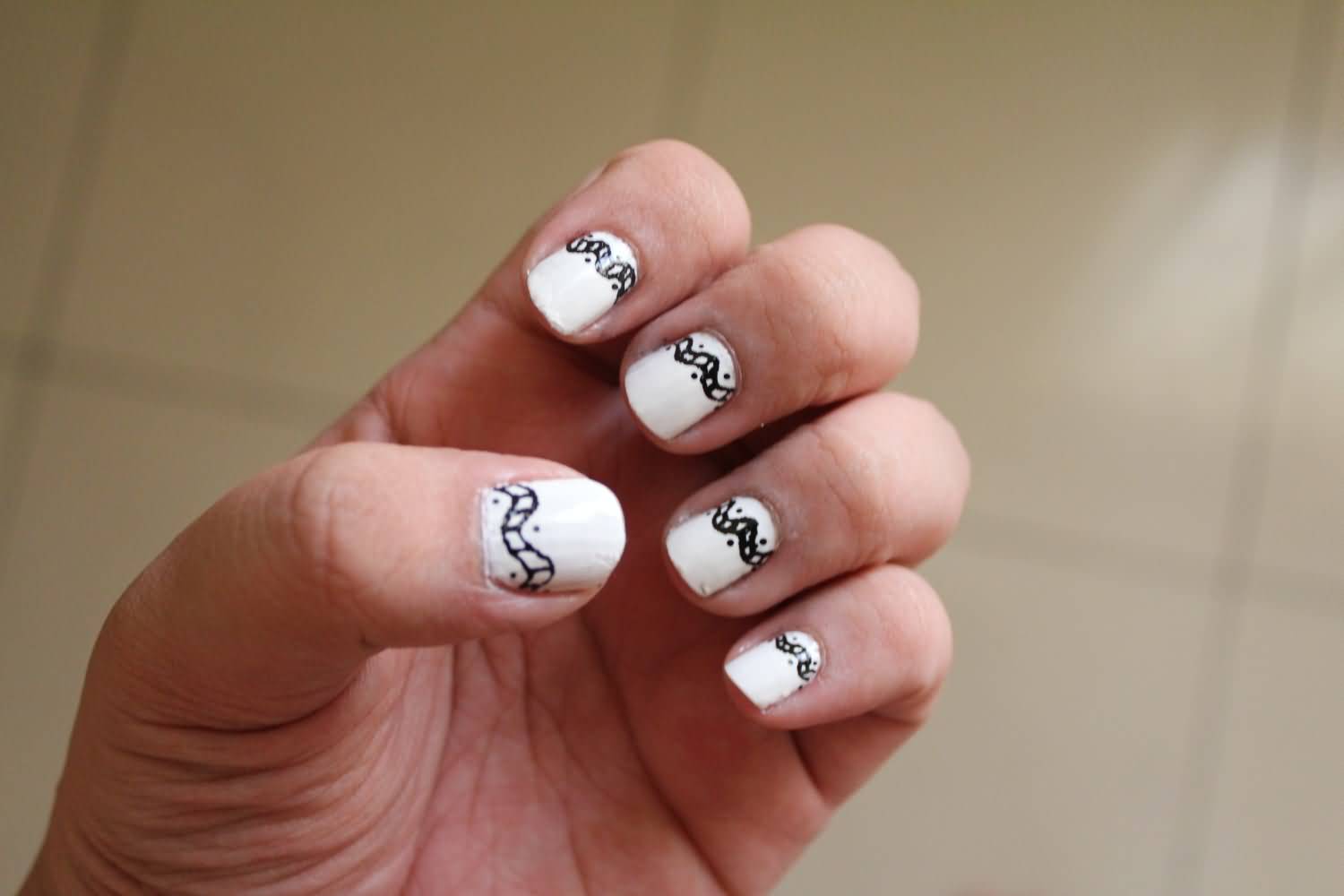 White Nails With Black Design Nail Art Idea