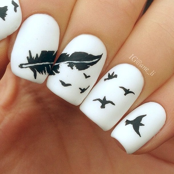 White Nails With Black Feather And Flying Birds Nail Art Design Idea