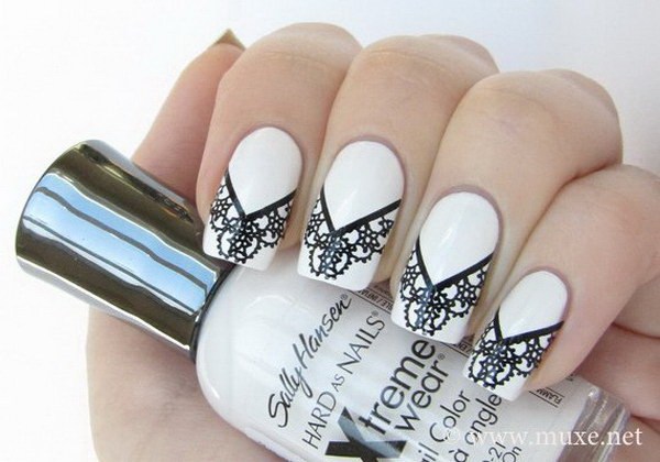 White Nails With Black Lace Design Nail Art